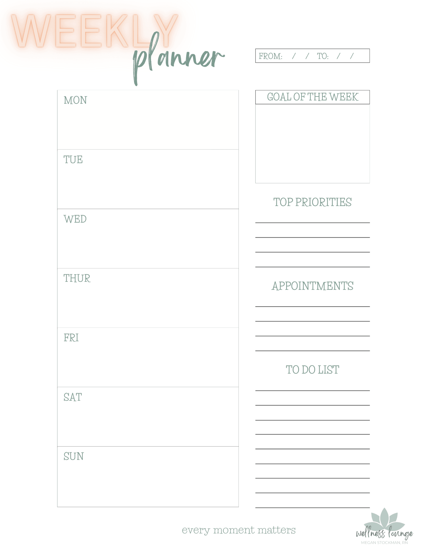 Everyday Wellness - Weekly Planner Page - Printable Task & Goal Organizer for Productivity - Wellness Lounge